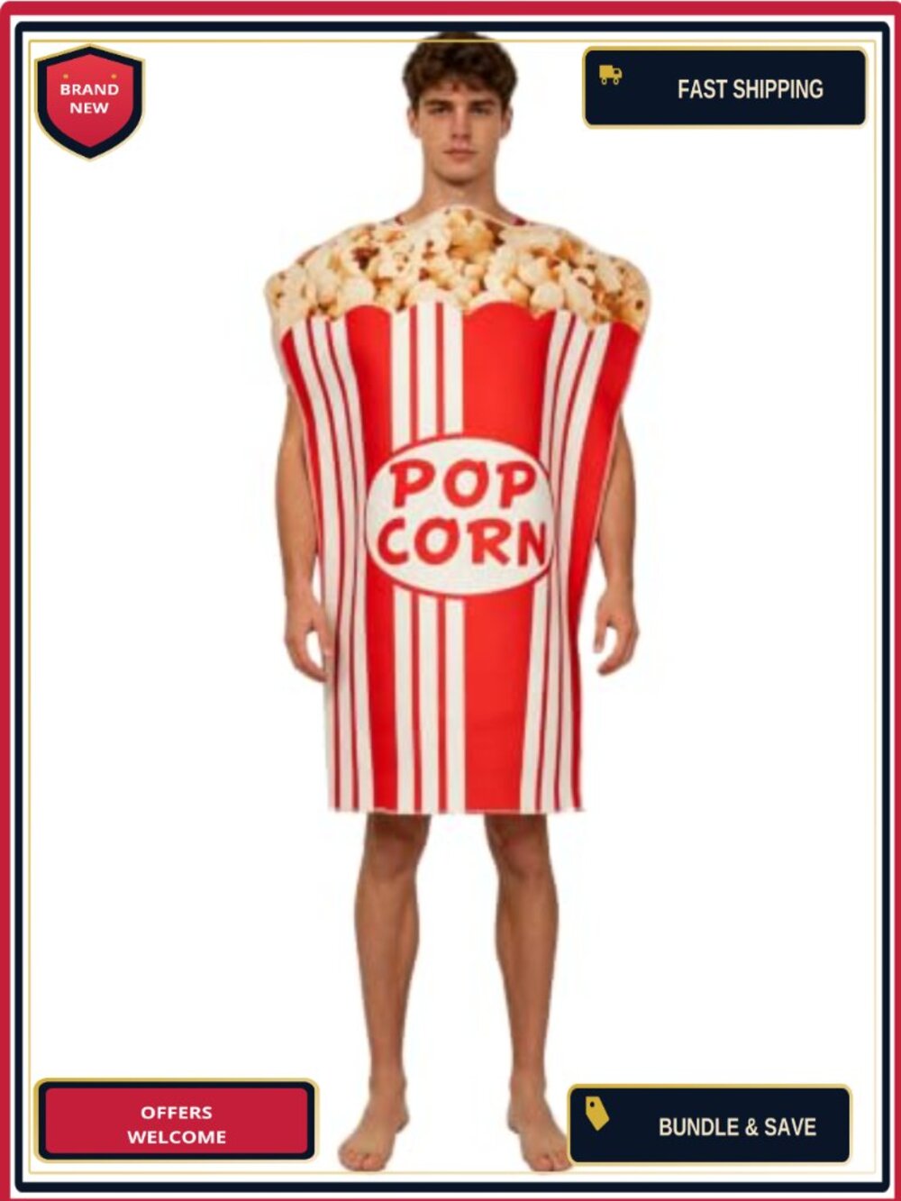 Polyester Popcorn Costume Adult Halloween Fancy Dress Outfit One Size
